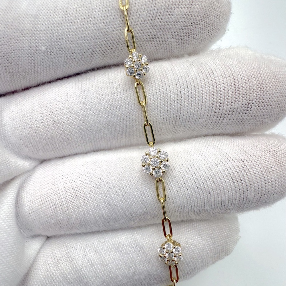 7” Gold Plated over .925 Sterling Silver Cz Flower Bracelet - Picture 11 of 16